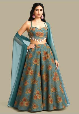 Turquoise Sequin Embroidered Organza Lehenga Set