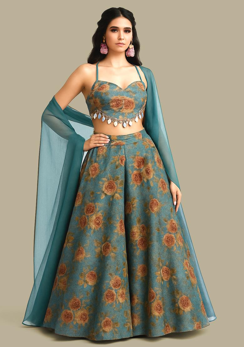 Teal Blue Printed Organza Lehenga Set