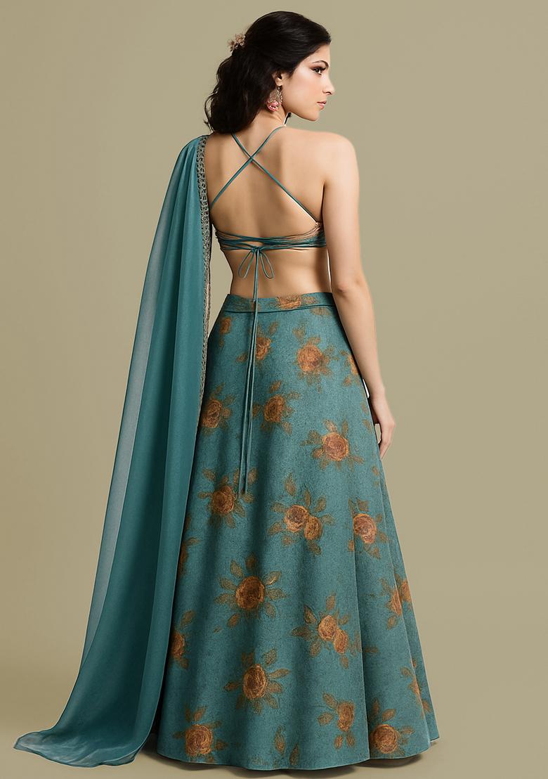 Turquoise Sequin Embroidered Organza Lehenga Set - Indya