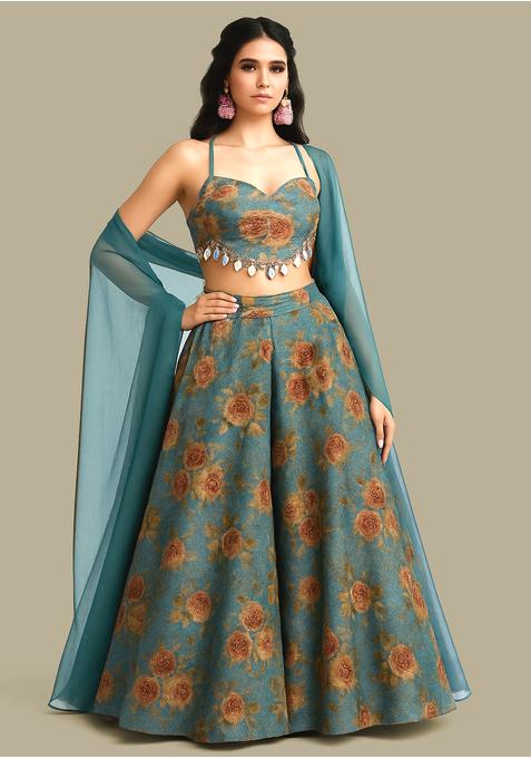 Teal Blue Printed Organza Lehenga Set