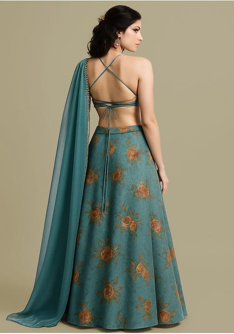 Teal Blue Printed Organza Lehenga Set
