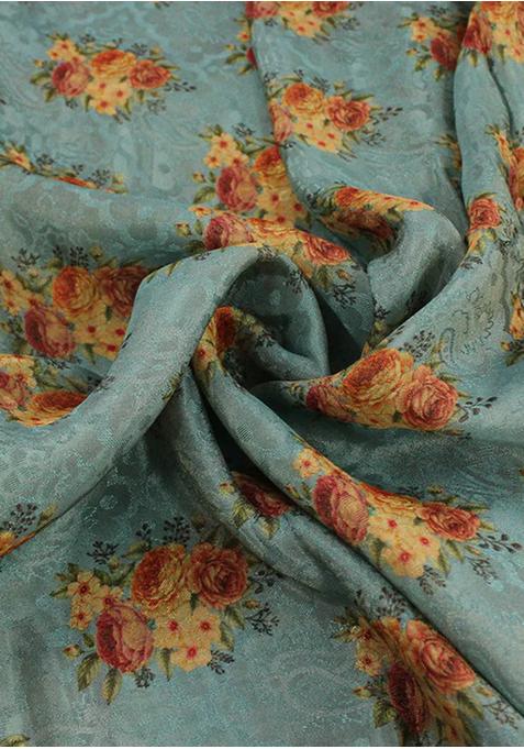 Teal Blue Printed Organza Lehenga Set