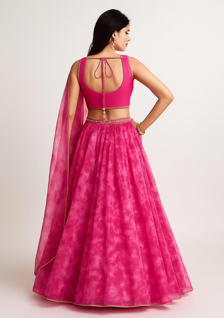 Rani Pink Sequin Embroidered Organza Lehenga Set - Indya