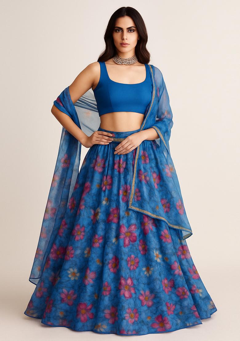 Blue Printed Organza Lehenga Set