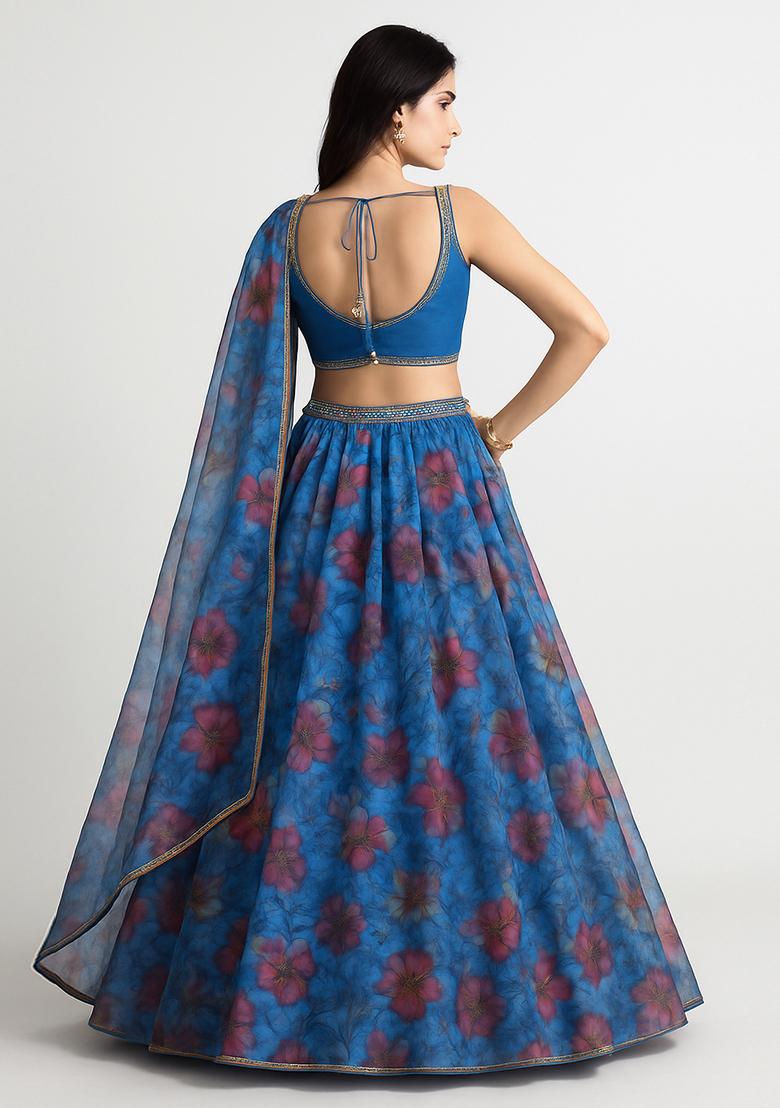 Sky Blue Sequin Embroidered Organza Lehenga Set - Indya