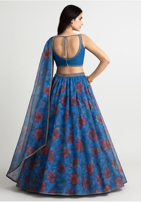 Blue Printed Organza Lehenga Set