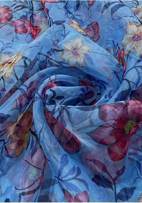 Blue Printed Organza Lehenga Set