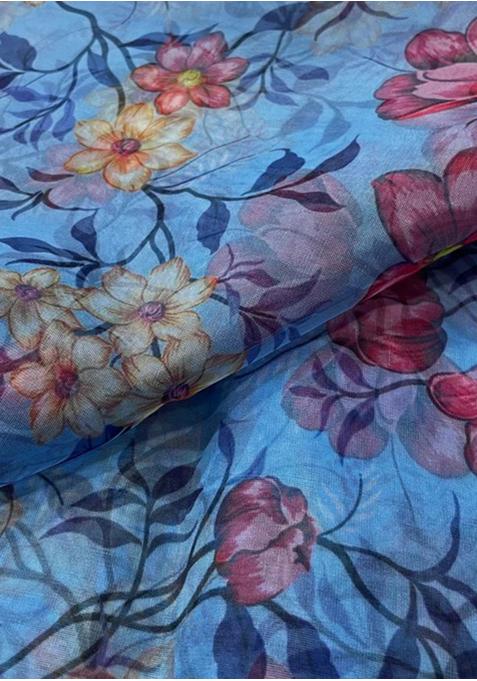 Blue Printed Organza Lehenga Set