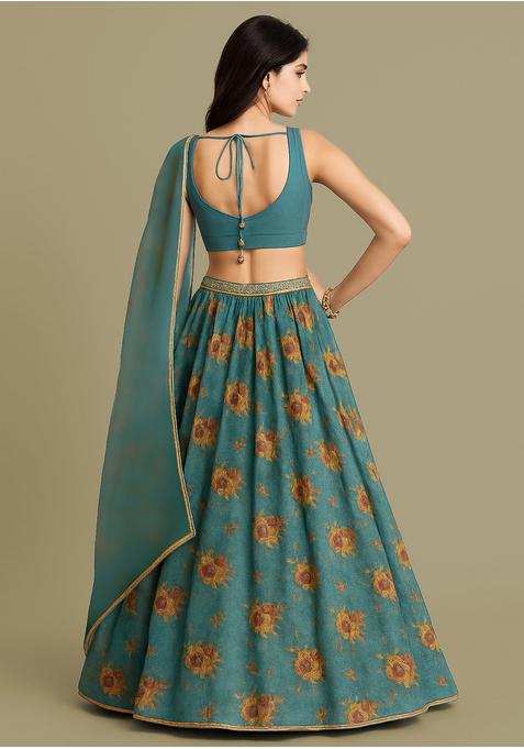 Teal Blue Printed Organza Lehenga Set
