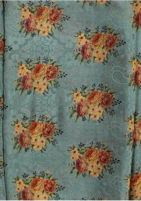 Teal Blue Printed Organza Lehenga Set