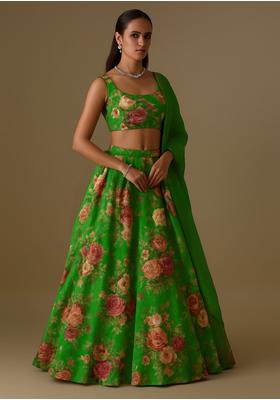 Parrot Green Weaving Organza Lehenga Set