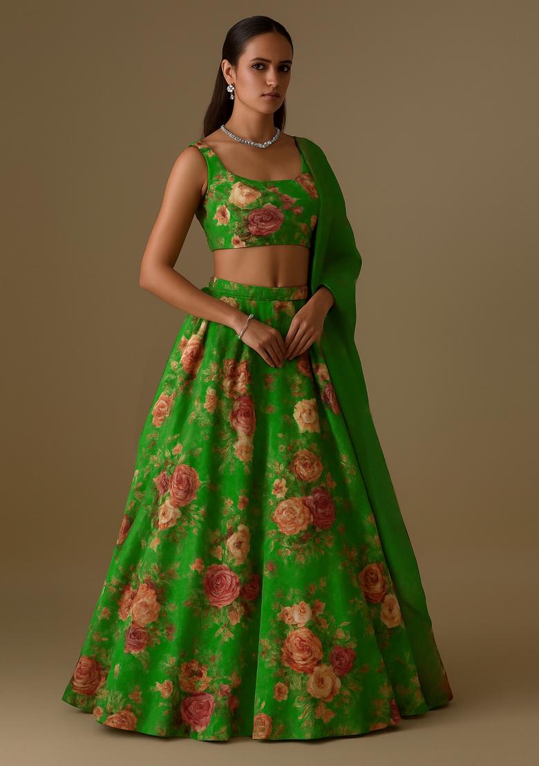 Parrot Green Weaving Organza Lehenga Set