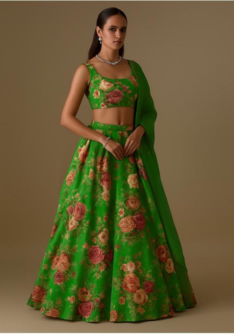 Parrot Green Weaving Organza Lehenga Set