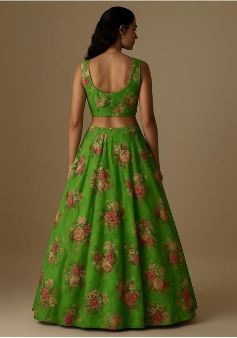 Parrot Green Weaving Organza Lehenga Set