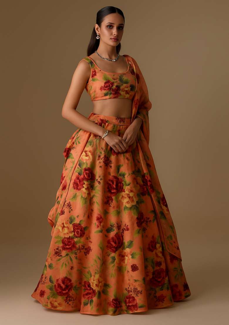 Peach Printed Organza Lehenga Set - Indya