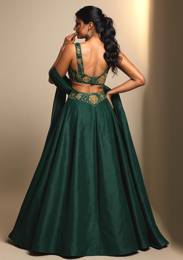 Blue Embroidered Chinon Lehenga Set - Indya