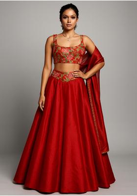 Red Embroidered Chinon Lehenga Set