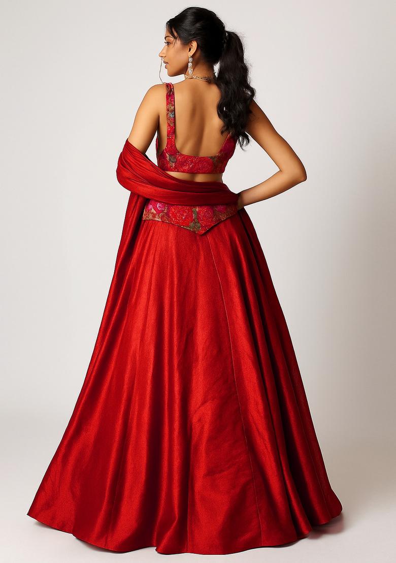Red Embroidered Chinon Lehenga Set - Indya