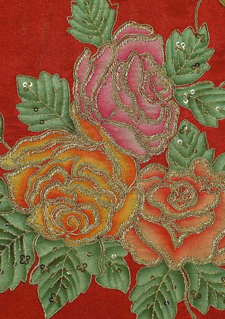 Red Embroidered Chinon Lehenga Set - Indya