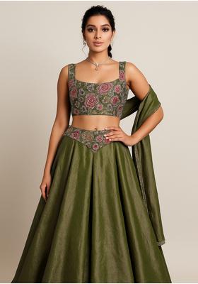 Green Embroidered Chinon Lehenga Set
