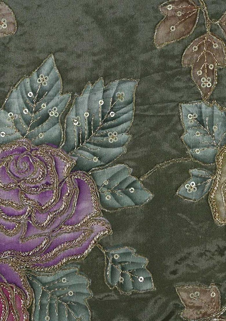 Green Embroidered Chinon Lehenga Set - Indya