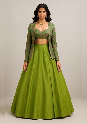 Olive Jacquard Brocade Lehenga Set