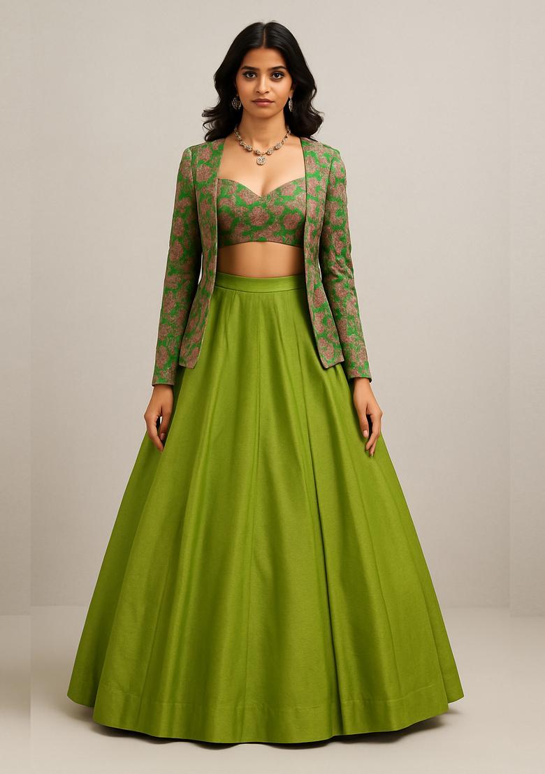 Olive Brocade Lehenga Set