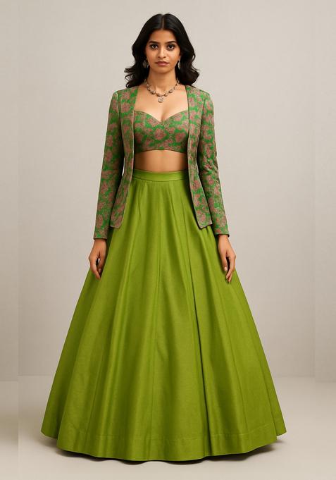 Olive Brocade Lehenga Set