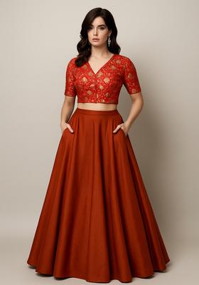 Maroon Brocade Lehenga Set