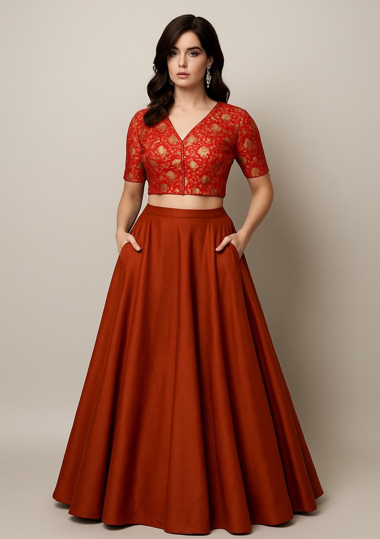 Maroon Brocade Lehenga Set