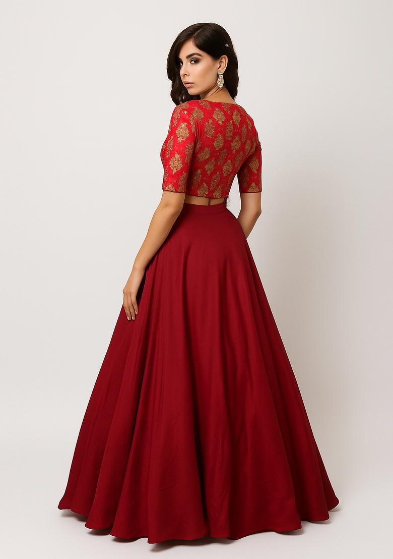 Maroon Brocade Lehenga Set