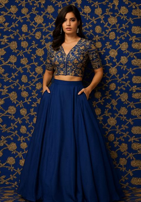 Navy Blue Brocade Lehenga Set