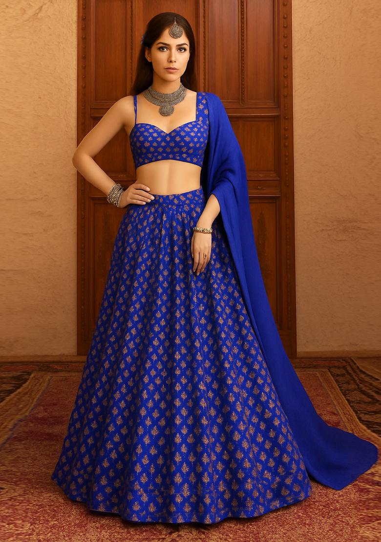 Royal Blue Brocade Lehenga Set