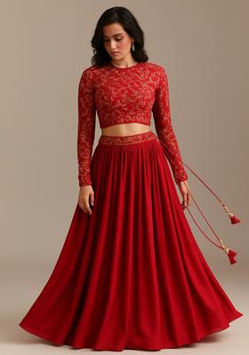 Red Embroidered Blouse Georgette Lehenga Set