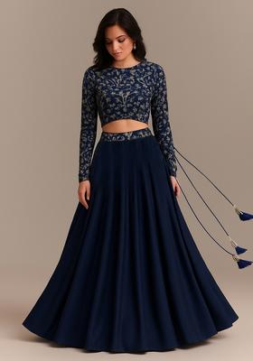 Navy Blue Embroidered Blousegeorgette Lehenga Set