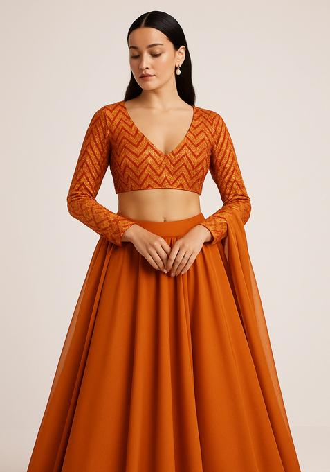 Orange Sequin Blouse Georgette Lehenga Set