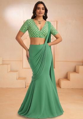 Green Embroidered Georgette Lehenga Set