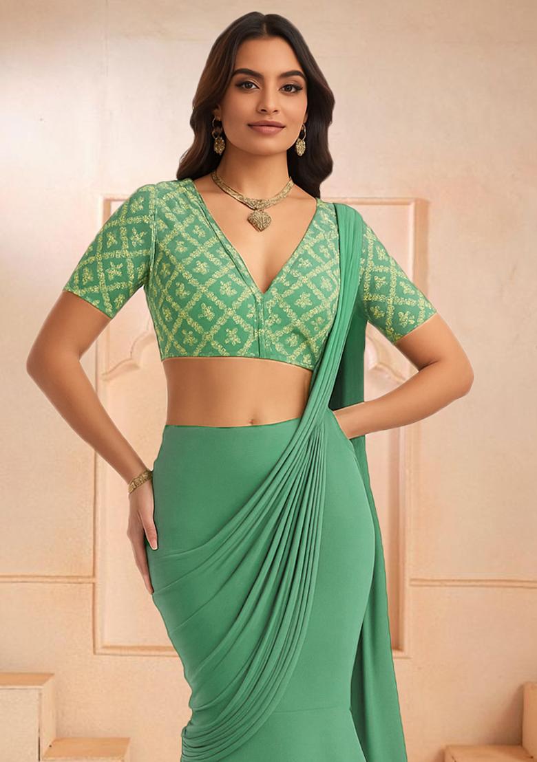 Sea Green Embroidered Blouse Georgette Lehenga Set