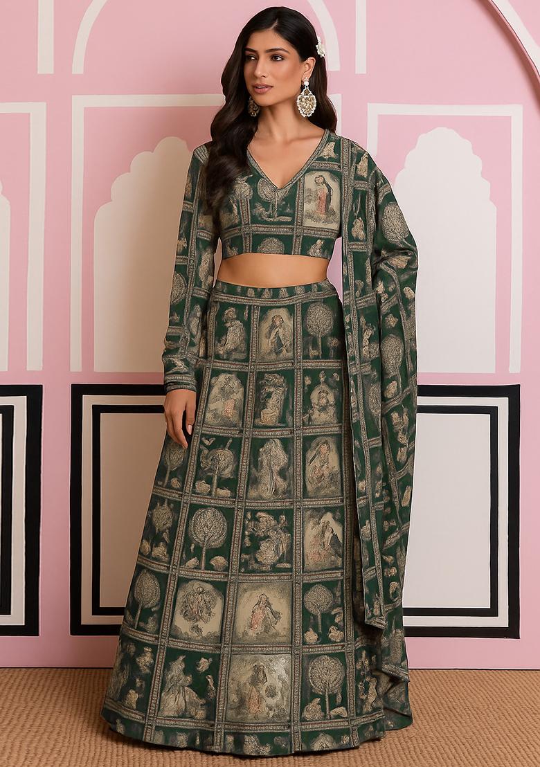 Green Printed Georgette Lehenga Set