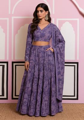 Purple Printed Georgette Lehenga Set