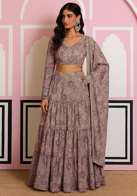 Purple Printed Georgette Lehenga Set