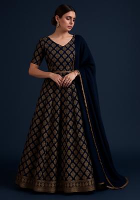 Dark Blue Jacquard Brocade Lehenga Set
