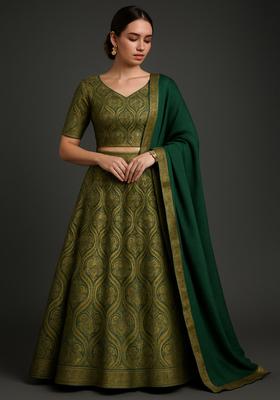 Green Jacquard Brocade Lehenga Set