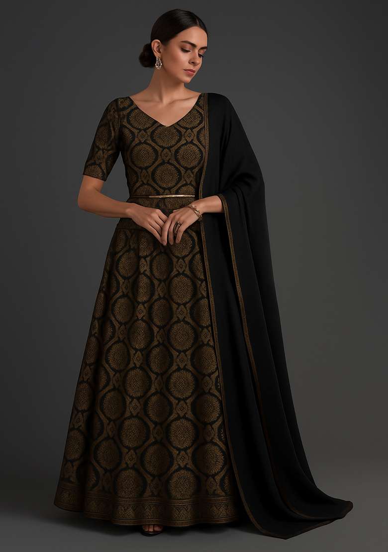 Black Brocade Lehenga Set - Indya