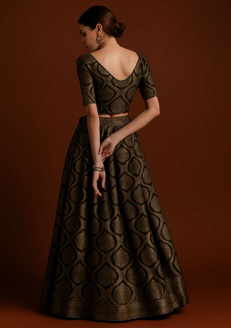 Black Brocade Lehenga Set - Indya