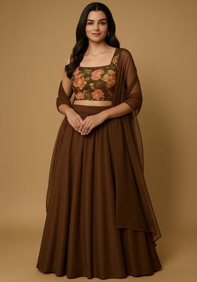 Brown Embroidered Blouse Tissue Lehenga Set