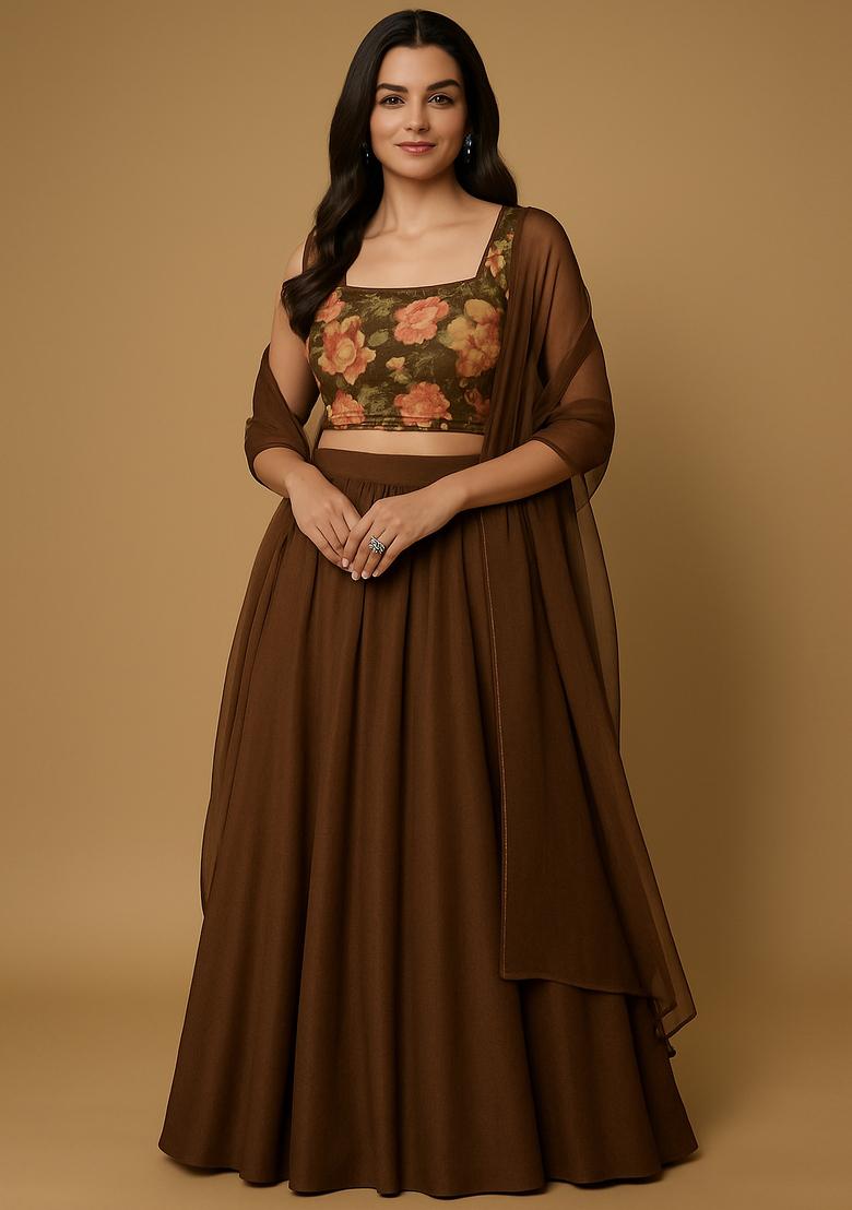 Brown Embroidered Blouse Tissue Lehenga Set
