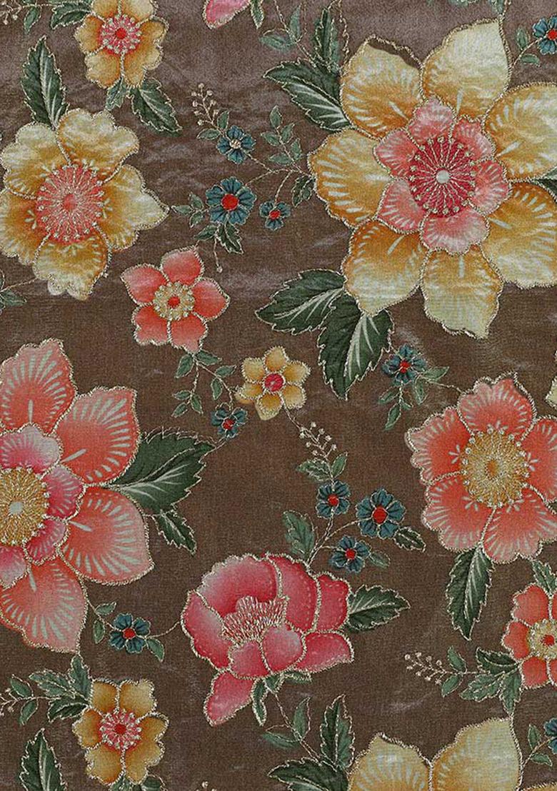 Brown Embroidered Blouse Tissue Lehenga Set