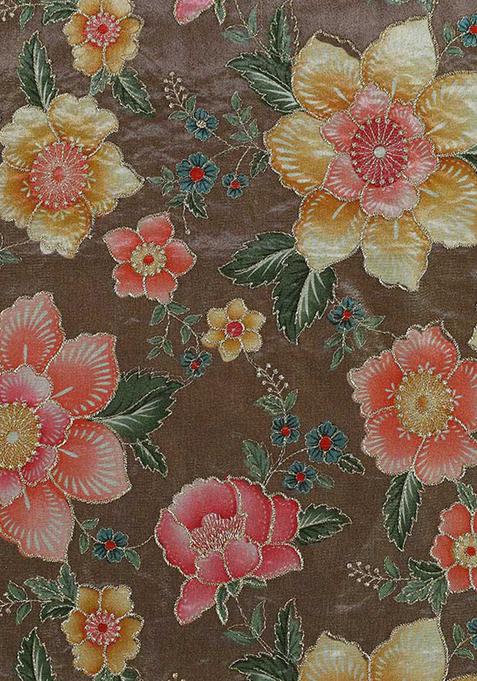 Brown Embroidered Blouse Tissue Lehenga Set