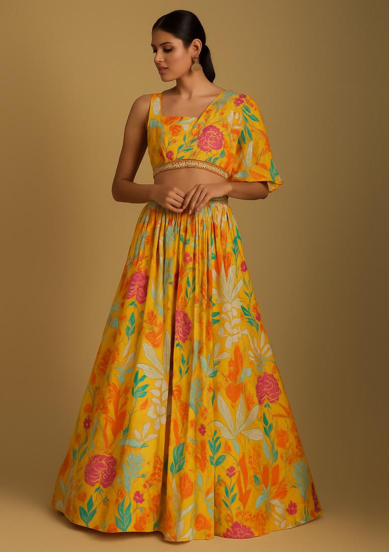 Yellow Printed Chiffon Lehenga Set